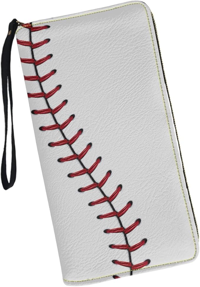 Bulopur White Baseball Print Women Girl Clutch Zip Credit Card Holder Wallet with Wristlet Long Pu Leather Purse