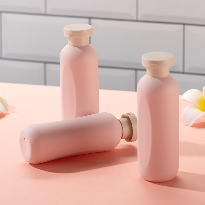 Empty Shampoo Bottles 6.7oz - Large Size Refillable Plastic Liquids Toiletry Containers - Empty Leak Proof Lotion Toiletries Dispenser - Pink Flip Cap Top Body Wash and Cosmetic Set 4 Pack