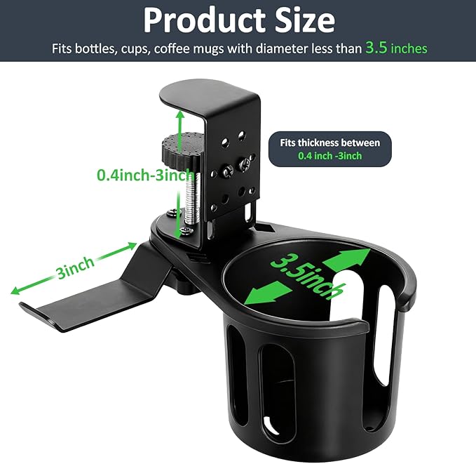 MYITYARD Desk Cup Holder Clamp, 2 in 1 Anti-Spill Clip On Table Cup Holder with Headphone Hanger, Rotatable Water Bottle Stand Drink Coffee Mug Storage, Office Accessories for Home and School