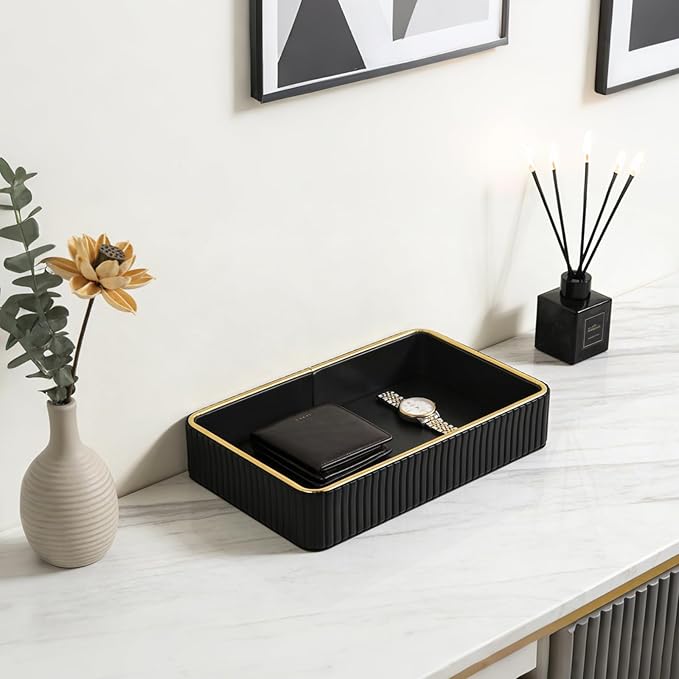 PU Leather Valet Tray,Desk Organizer Tray Nightstand Organizer Trinket Dish Storage Key Bowl Decorative Trays for Phone Wallet Jewelry Watch,Bathroom Bedroom Perfume Vanity Trays,Black
