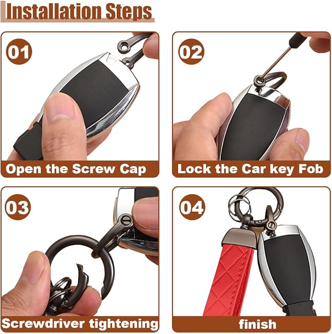 Leather Car Keychain - 360 Degree Snap Swivel Key Ring - Key Tag Car Key Fob Keychain Holder with Anti-Lost D-Ring - Key Organizer for Men Women (Red)