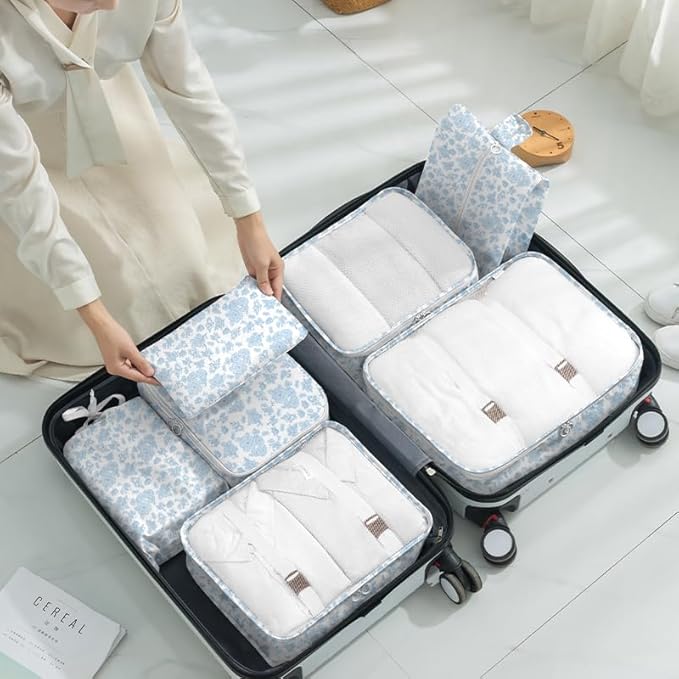 8 Set Packing Cubes for Suitcases,Packing Cube with Shoe, Cosmetics, Clothing, and Accessories Bags Packing Cubes for Travel Luggage Organizer Women Men(Blue Flowers)