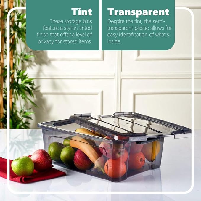 Tribello 12.5 Quart Storage Bins with Lids, Plastic Storage Containers with Latching Lids For Organizing - Tinted - (15.5’ x 12” x 6”) - Set of 2 - Made in EU