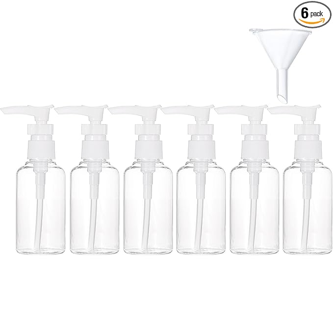 TecUnite 6 Pack Small Pump Bottles Clear Travel Bottle Plastic Empty Spray Dispenser Hand Lotion Sanitizer Refillable Accessories Set with Small Funnel for Flight, Airport, Holiday