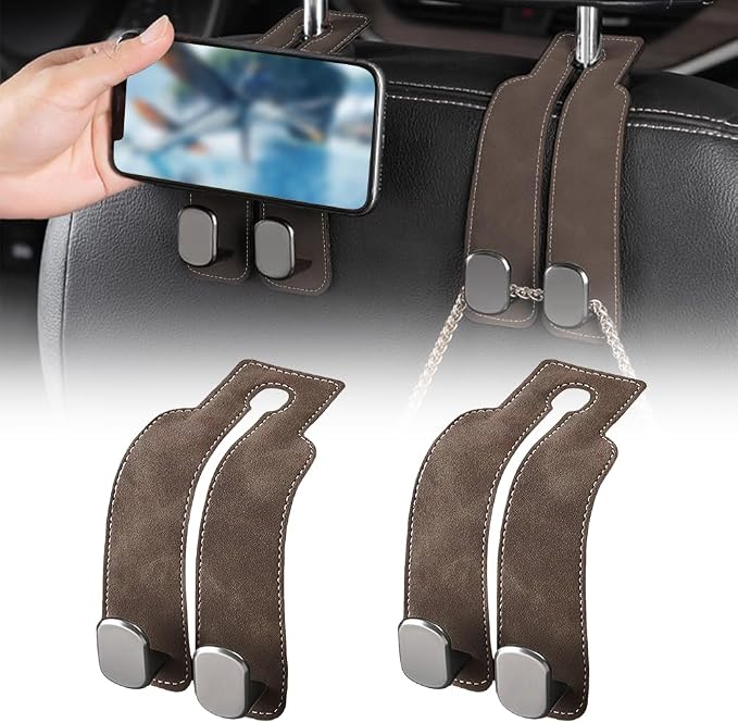 FXOICMI Car Seat Headrest Hooks, Purse Hooks for Car with Double Hooks, Leather Car Seat Hooks for Purses and Handbags, Heavy Duty Car Purse Holder Hanger for Travel, Keep Car Tidy (Brown 2Pcs)