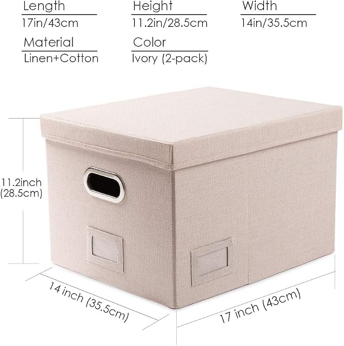 PRANDOM File Organizer Box - Set of 2 Collapsible Decorative Linen Filing Storage Hanging File Folders with Lids Office Cabinet Letter/Legal Size Light Grey (17x14x11.2 inch)