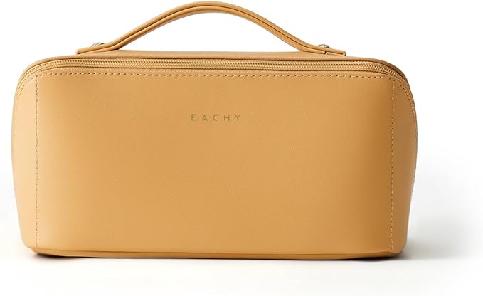 EACHY Travel Makeup Bag, Large Capacity Cosmetic Bag for Women, Waterproof PU Leather, Flat Open Portable Toiletry Bag for Skincare, Brushes & Travel Essentials