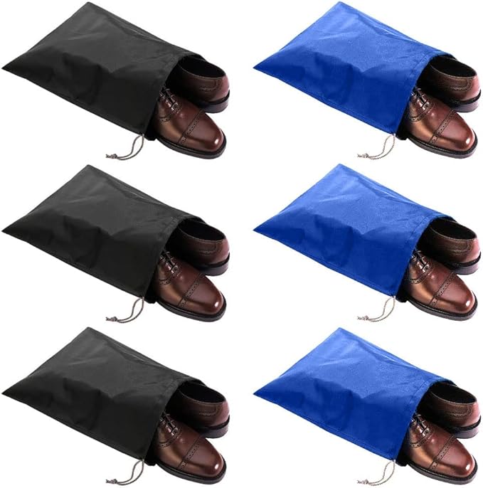 6 Pack Waterproof Nylon Shoe Bags Travel Bags for Men Women (Black+Blue, 15.1"(L) x12.2"(W))