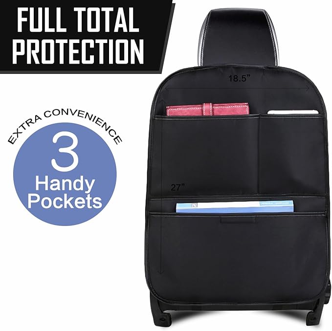 Kick Mat Back Seat Protector， Waterproof Leather Car Seat Back Organizers Cover with 3 Storage Pockets for Kids Pets SUV Sedan Minivan Truck Car Travel Accessories (Black 2-pack)