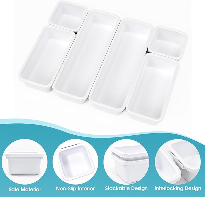 6 PCS Drawer Organizer Set, 3 Size Makeup Drawer Divider Organizer With Non-Slip Pads, Interlocking Plastic Storage Bins for Office,Jewelry Vanity,Gadgets, Bathroom,Kitchen, White