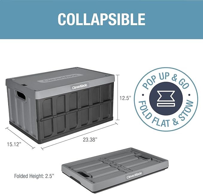 CleverMade Collapsible Storage Bins with Lids (62L, 3 Pack) – Heavy Duty Foldable Plastic Storage Crates for Garage, Closet & Trunk Organization - Obsidian