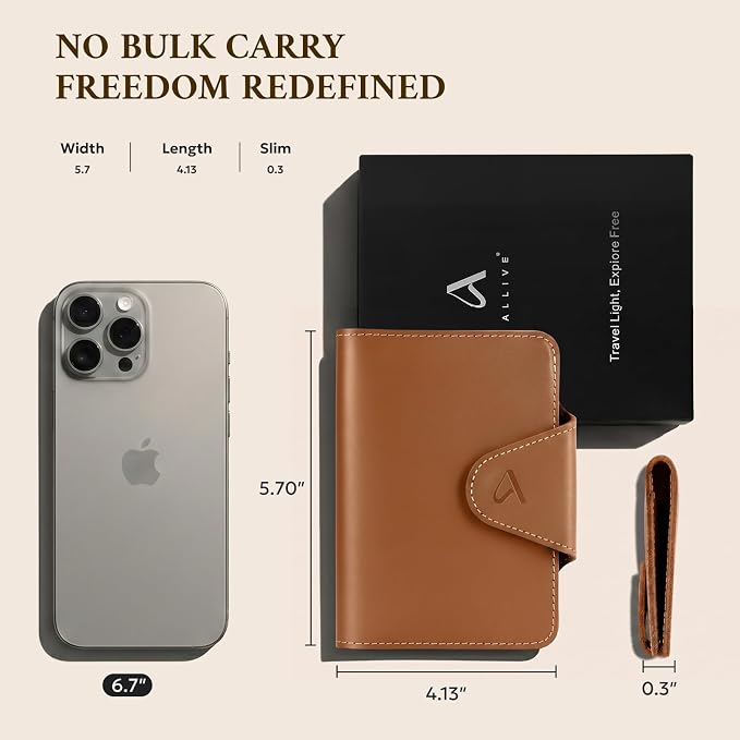 ALLIVE RFID Blocking Passport Holder for Travel Essentials, Genuine Leather Passport Wallet with Built-in AirTag Slot, Magnetic Closure Passport Cover Case for Women and Men, Travel Gifts (Caramel)