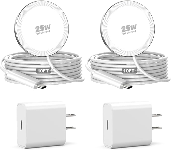 25W Magnetic Wireless Charger, 10FT Fast Charging Pad Wireless Charge for iPhone 17 16 /AirPods3/2/Pro/for Galaxy S26 Ultra/Pixel 10 Series, Portable Charger for Desk& Travel(2Pack,White)