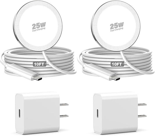 25W Magnetic Wireless Charger, 10FT Fast Charging Pad Wireless Charge for iPhone 17 16 /AirPods3/2/Pro/for Galaxy S26 Ultra/Pixel 10 Series, Portable Charger for Desk& Travel(2Pack,White)