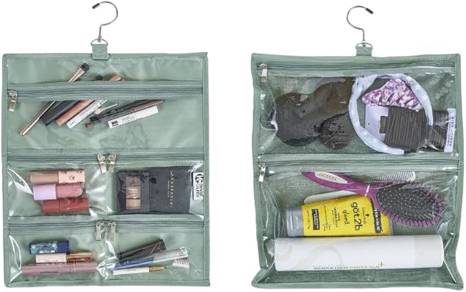 On-The-Go Organizer, 7 Clear Vinyl Pockets, Hanging Travel Case for Makeup and Accessories, 13.5 x 16 inches (Moss, Small)