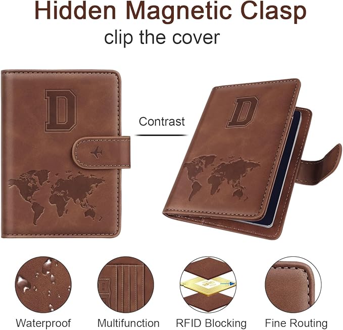 Passport Holder Wallet Cover Personalized Letter A-Z Travel Wallet RFID Blocking Passport Cover Wallet Case for Travel Passport Book Holders for Women and Men, Brown-D