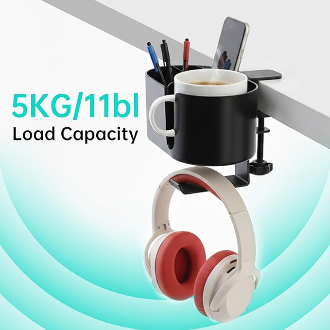 Desk Cup Holder 4 in 1 Detachable Clamp-on Under Desk Headphone Hanger for Expanding Office Pen Organizer Desktop Storage for Cup Phone Pen (Black)