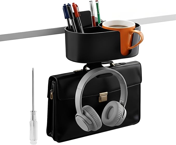 Desk Cup Holder 4 in 1 Detachable Clamp-on Under Desk Headphone Hanger for Expanding Office Pen Organizer Desktop Storage for Cup Phone Pen (Black)