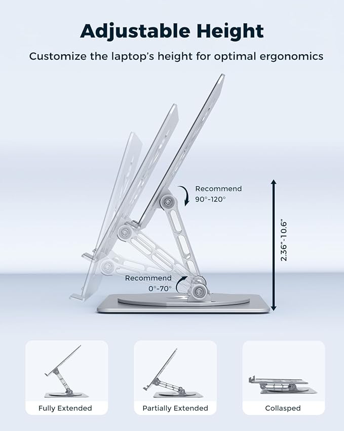 360° Rotating Laptop Stand for Desk | Adjustable, Foldable, Portable Aluminum Ergonomic Riser | Compatible with MacBook, Dell, HP & All Laptops 10-16 inch | Silver