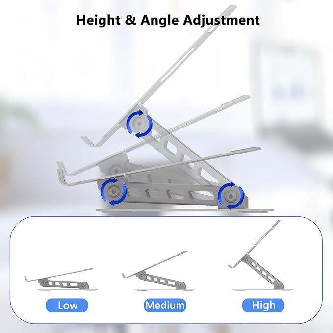 Adjustable Laptop Stand for Desk, Ultra Stable Metal Base Laptop Holder Riser, Fully Foldable for Storage and Easy to Carry, Fit for MacBook Pro/Air HP 14 All Under 16??Devices (Silvery)