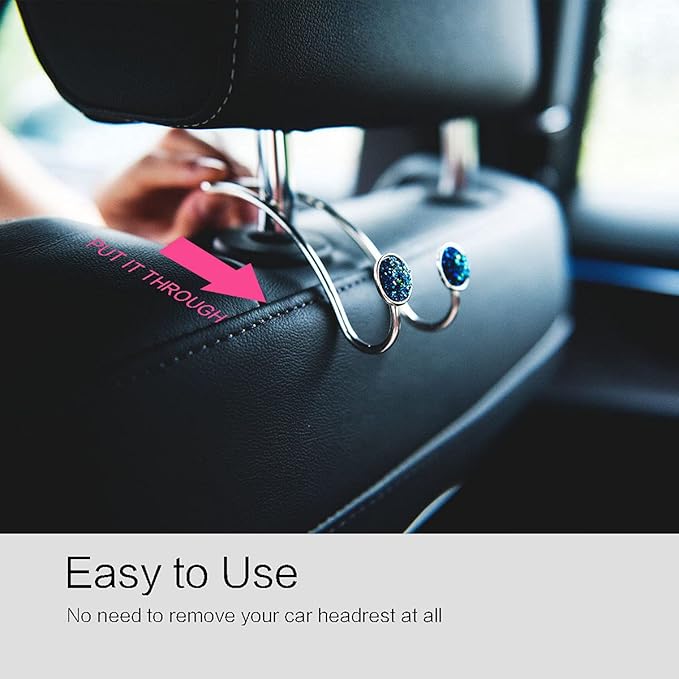 4 Pack Bling Bling Car Hooks, Universal Car Headrest Hooks, Strong Stainless Steel Car Seat Headrest Hanger Hooks for Purses & Grocery Bags (Blue)