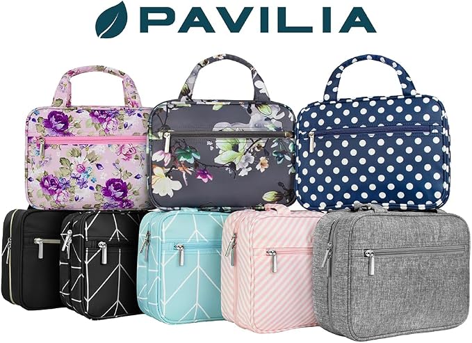 PAVILIA Hanging Toiletry Bag for Women, Large Foldable Travel Toiletry Organizer with Hook, Water Resistant Makeup & Cosmetic Case for Toiletries Skincare Shampoo, Dopp Kit Travel Bag (Purple Floral)