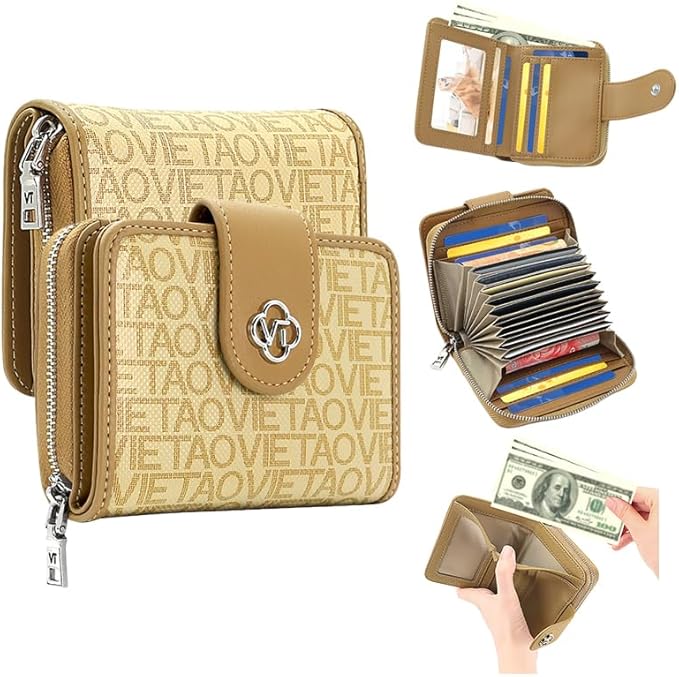 Credit Card Wallets for Women, Leather Cardholder with Zipper Around, Small Rfid Ladies Wallet, Accordion Compact Bifold Purse for Travel, 19 Card Slots, ID Window, Cash Organizer - Apricot