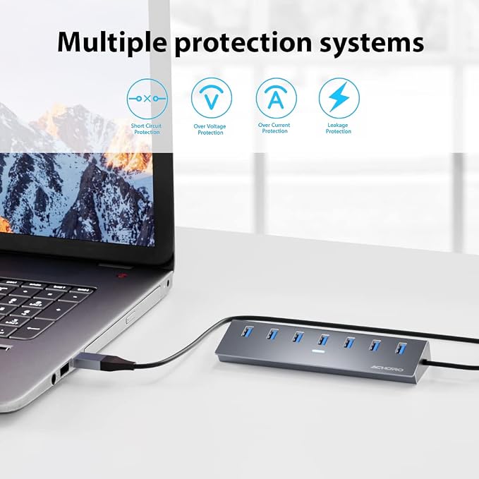 ACHORO USB Hub 3.0, 7-Port Expander with USB C Adapter, Aluminum Alloy for MacBook Pro, iMac, PC and Desktop