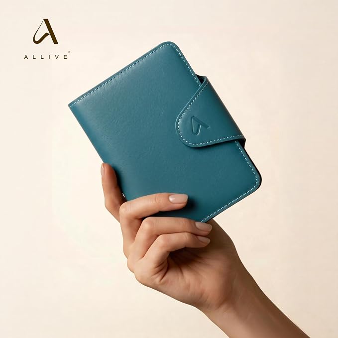 ALLIVE Passport Holder for Travel with Built-in AirTag Slot, Genuine Leather Passport Wallet Must Haves Travel Accessories, Rfid Blocking Passport Cover Case for Women and Men (Lake Blue)