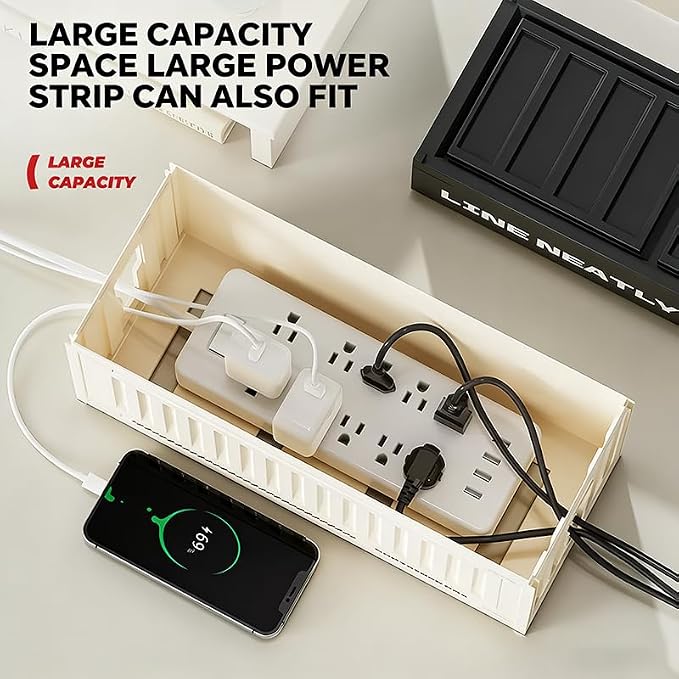 Cable Management Box with Shipping Container Design, Tall Cord Organizer for Desk and Floor, Large HIPS Wire Hider for Power Strip and Surge Protector, Black