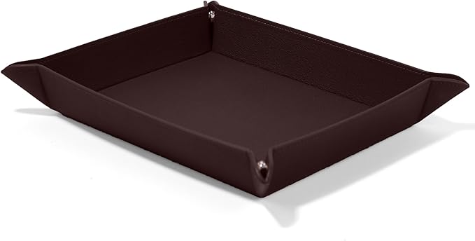 Leatherology Brown Leather Rectangle Valet Tray – Sleek Catchall Organizer for Desk, Nightstand, or Entryway – Snap Design with Stitched Edge Detailing
