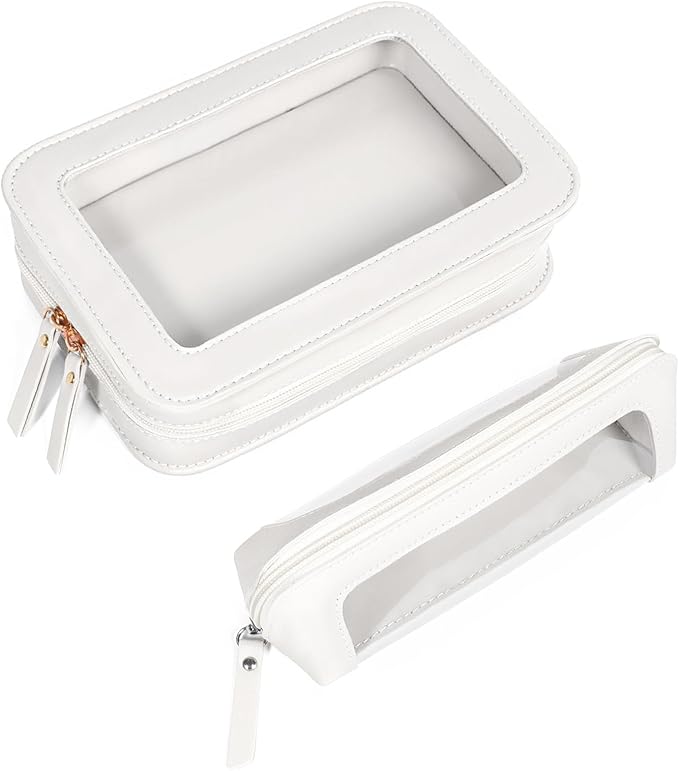 LETGO 2Pack Clear Makeup Bags Set,Portable Makeup Brush Bag,Portable Leather Travel Toiletry Bag Car Eessntials for Women (White)