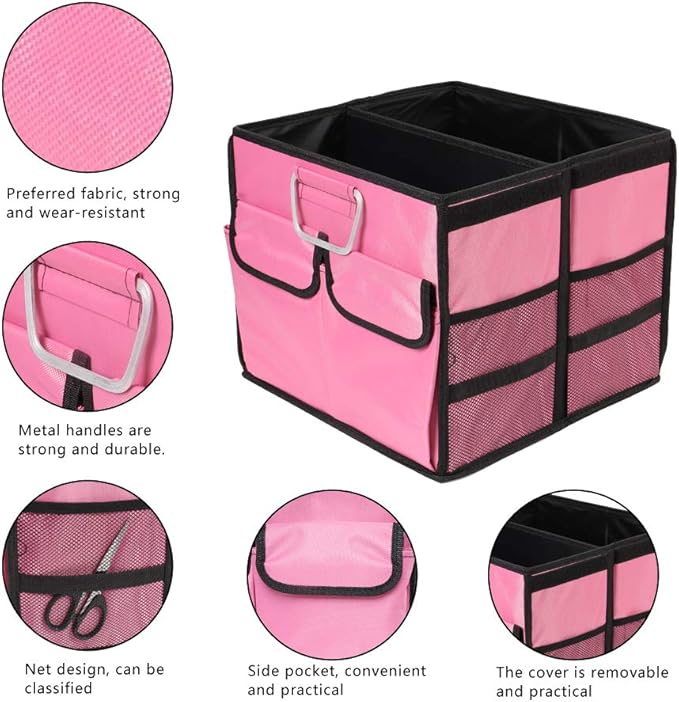 Car Trunk Organizer Collapsible Portable Multi Compartments Organizer with Non Slip Straps for SUV Truck Auto Vehicle Car Auto Minivan(Small without cover, Pink)