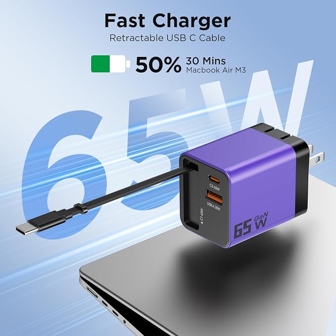 65W GaN USB C Charger Block with 2.3FT Retractable Cable, 3-Port Fast Wall Plug (2 USB-C & 1 USB-A) for iPhone 17 16 15, Samsung Galaxy S25, MacBook Pro/Air, Travel (Purple)