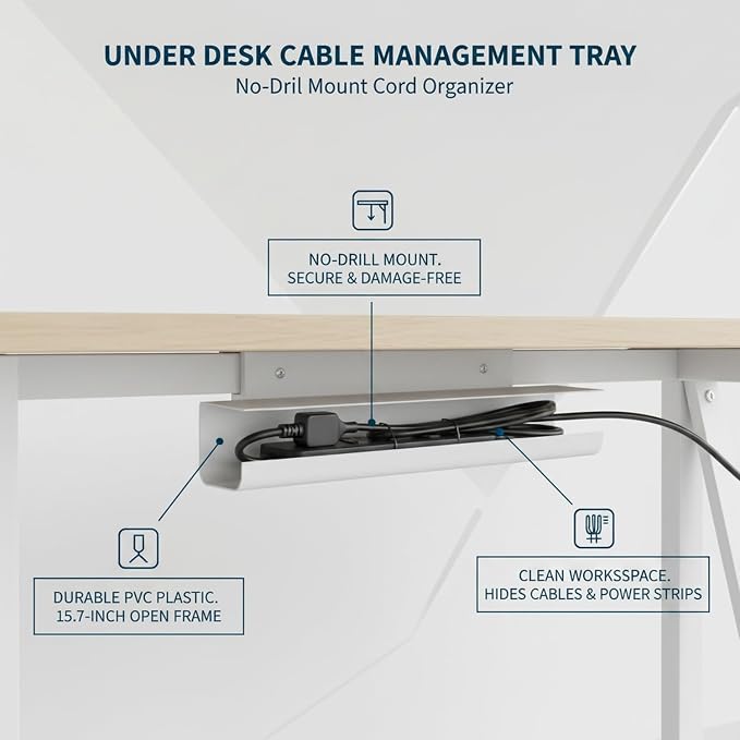 Under Desk Cable Management Tray, No-Drill Cord Organizer for Power Strips & Wires, 15.7 x 3.9 x 3.5 Inch, PVC (1 Pack)