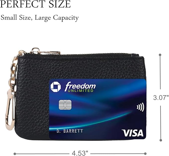 Full Grain Leather Coin Purse With Key Chain - Small Change Purse Card Holder Keychain Pouch Wallet for Women and Men (Black)