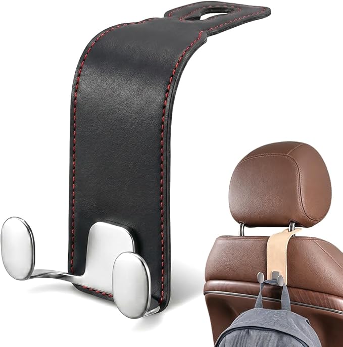 Car Purse Hook, Leather Headrest Hooks for Car, Heavy Duty Car Hooks, Universal Purse Holder for Car Seat, Vehicle Organizer Hanger for Handbag Grocery Bag Backpack Coat (Black-1pc)