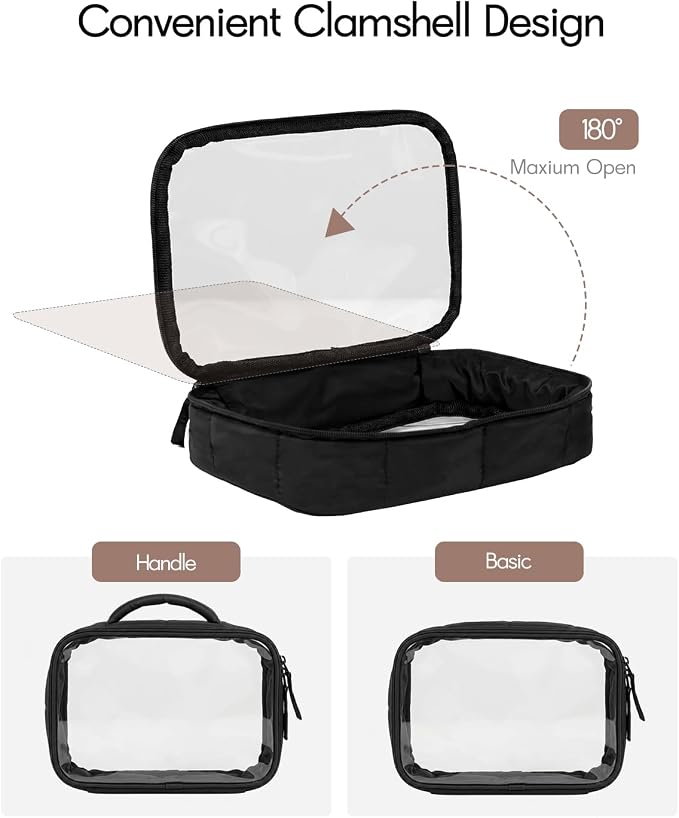 Moyad TSA Approved Clear Toiletry Bag, Quart Size 3-1-1 Liquids Pouch with Smooth Zipper, Wide Opening Transparent Makeup Organizer for Carry On Travel, Lightweight for Women Men (Black-2pcs)