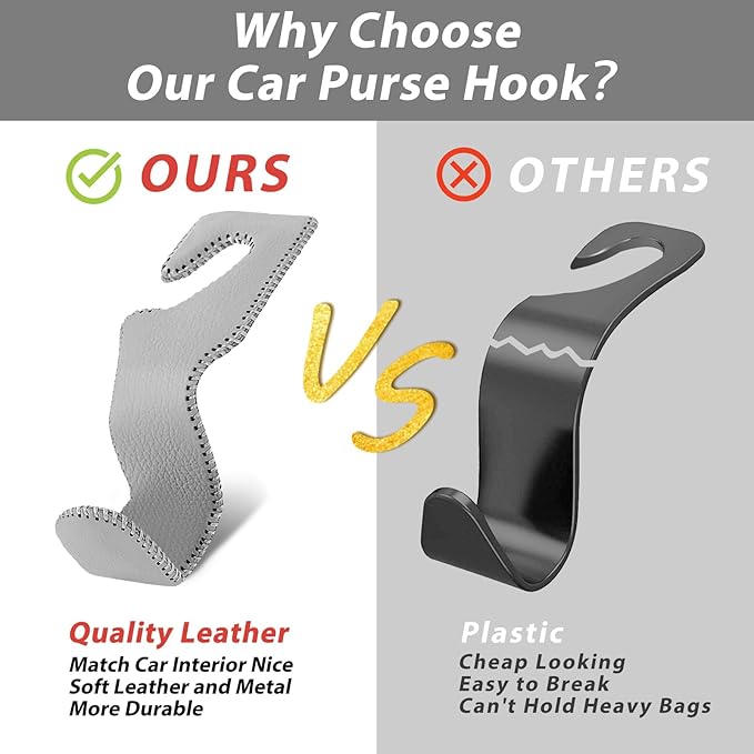 Car Purse Hook, Headrest Hooks for Car Bag Hooks Seat Hooks Holder Car Accessories Interior, 2 Pack Grey