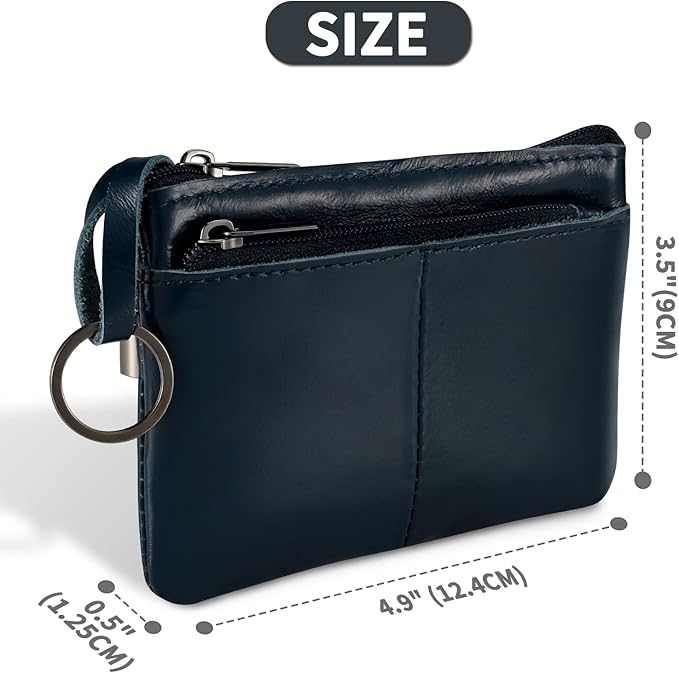 Dark Blue Genuine Leather Multi-Functional Wallet - Compact Card Holder, Coin Purse & Key Organizer with 3 Zippers, Built-in Key Ring, Perfect for Travel, Work & Daily Use