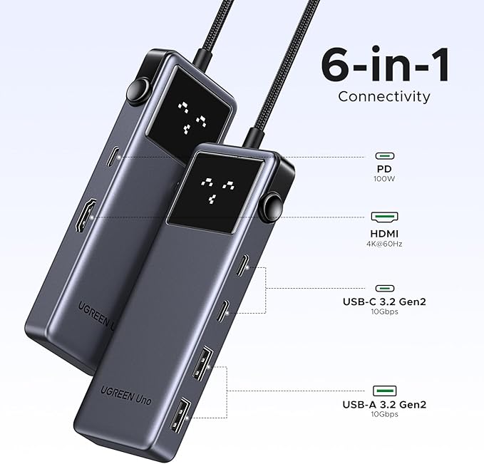 UGREEN Uno 6 in 1 USB-C Hub with 10Gbps USB-C & USB-A Data Ports 4K@60Hz HDMI for MacBook Pro/Air, iPad Pro, Surface, XPS, Thinkpad and More.