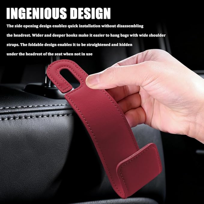 2PCS Car Seat Headrest Hooks, Purse Hook for Car, Automotive Headrest Handbags Holder, Auto Accessories Leather Seatback Organizer Hanger for Hanging Purses Bags Coats (Red, 2PCS)