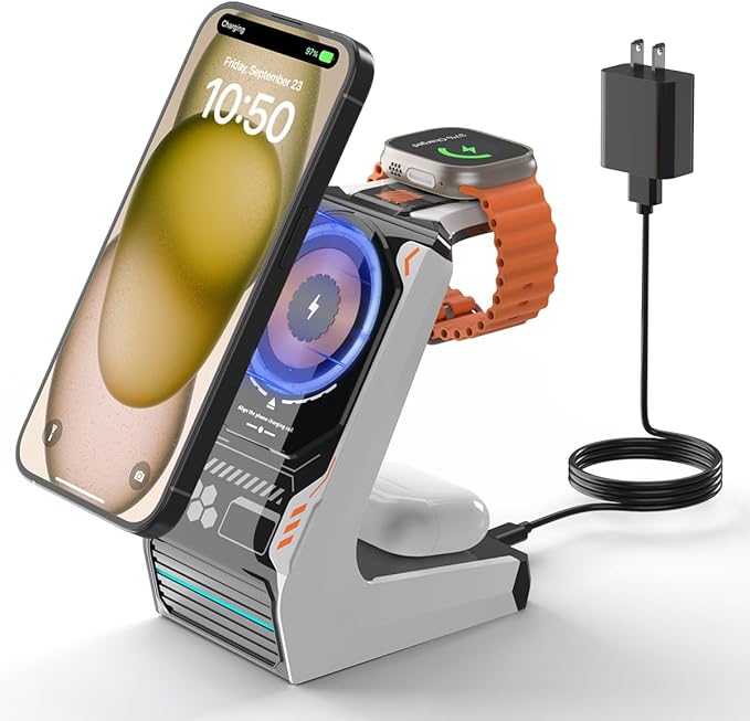 JoyGeek 3-in-1 Wireless Charging Station,Charger Stand for iPhone 15/14/13/12 Series, Fast Magnetic Charging Dock for Watch Ultra 2/9/8/7/6/SE/5/4/3/2,AirPods Pro 3/2