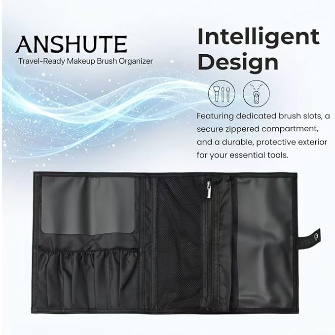 Travel-Ready Makeup Brush Organizer，Makeup brush holder travel Bag, Black - Multi - Zone PU Leather Cosmetic Case, roll up makeup bag organizer, Makeup Brush Case