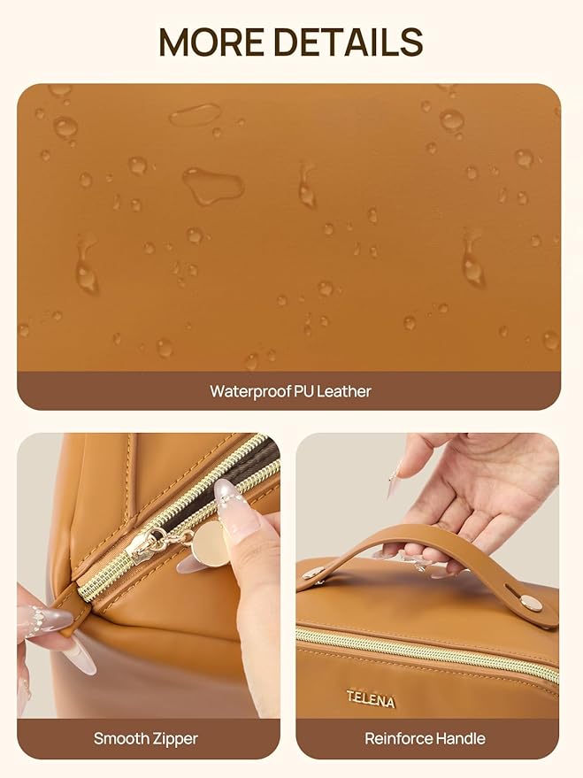Telena Leather Make Up Bag Portable Travel Makeup Bag Waterproof Cosmetic Bags for Women Large Capacity With Handle and Divider Open Lay Flat