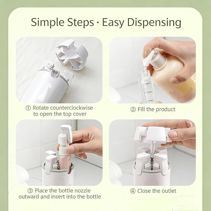 4 in 1 Travel Dispenser Set with 4 Pack 30ML Leak Proof Bottles for Toiletries, Portable Containers for Shampoo Lotion Conditioner Cream (White)