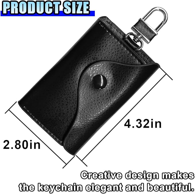 Leather Car Key Case Holder, Remote Key Fob Case with Keychain & Snap Closure – Universal Smart Keys Pouch for Men Women, Coin Holder Protection Bag with Metal Hook (Black)