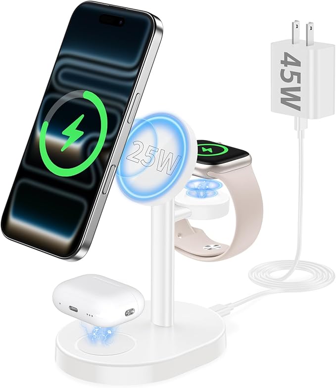Hevanto 25W 3 in 1 Super Fast Charging Station for Apple MagSafe Charger, Wireless Magnetic Mag-Safe Charger Stand for iPhone 17 16 15 14 13 12 Apple Watch AirPods Pro, 45W Adapter Included