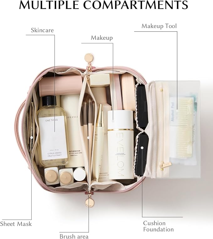 EACHY Travel Makeup Bag, Large Capacity Cosmetic Bag for Women, Waterproof PU Leather, Flat Open Portable Toiletry Bag for Skincare, Brushes & Travel Essentials