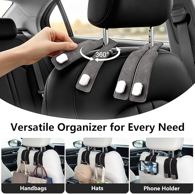 FXOICMI Car Seat Headrest Hooks, Purse Hooks for Car with Double Hooks, Leather Car Seat Hooks for Purses and Handbags, Heavy Duty Car Purse Holder Hanger for Travel, Keep Car Tidy (Brown 2Pcs)